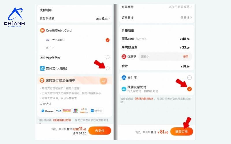 Sử dụng Wechat khi thanh toán đơn hàng Taobao
